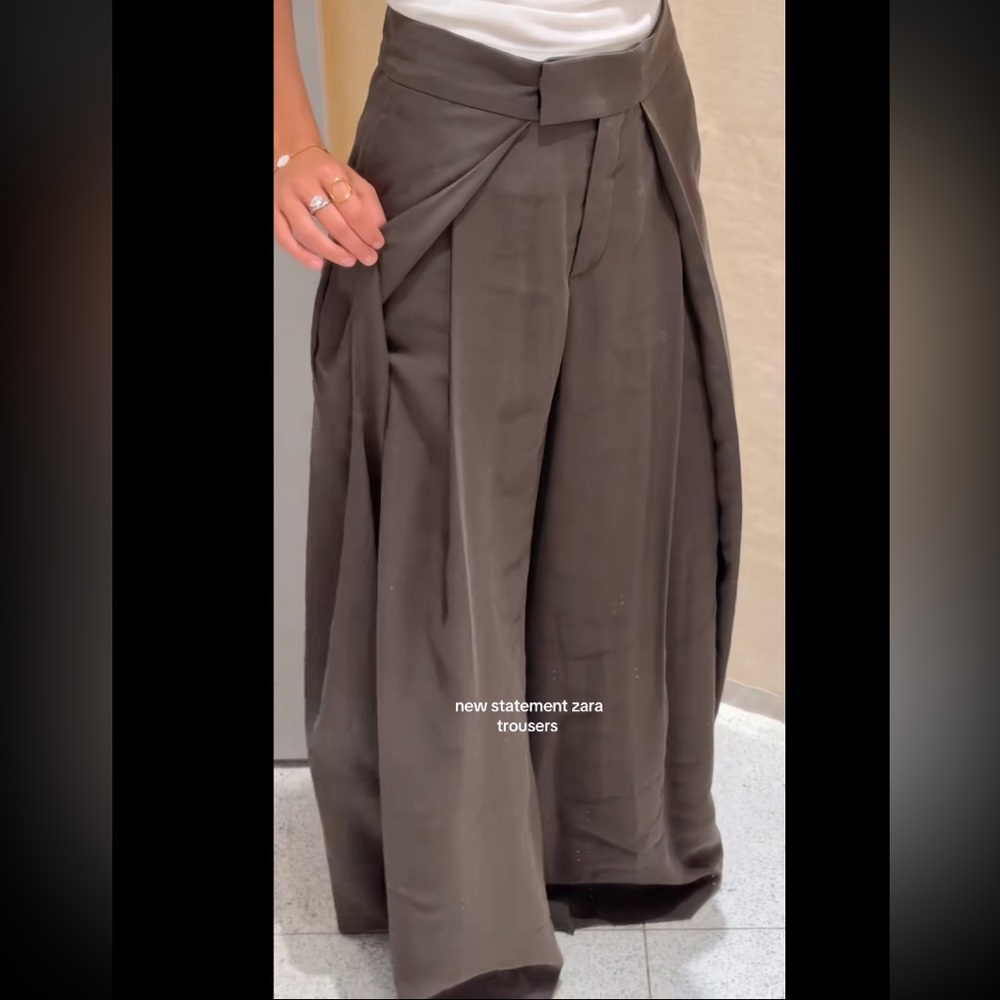 ZARA PLEATED WIDE LEG PANTS ZW COLLECTION BROWN TAUPE SMALL - Picture 3 of 10